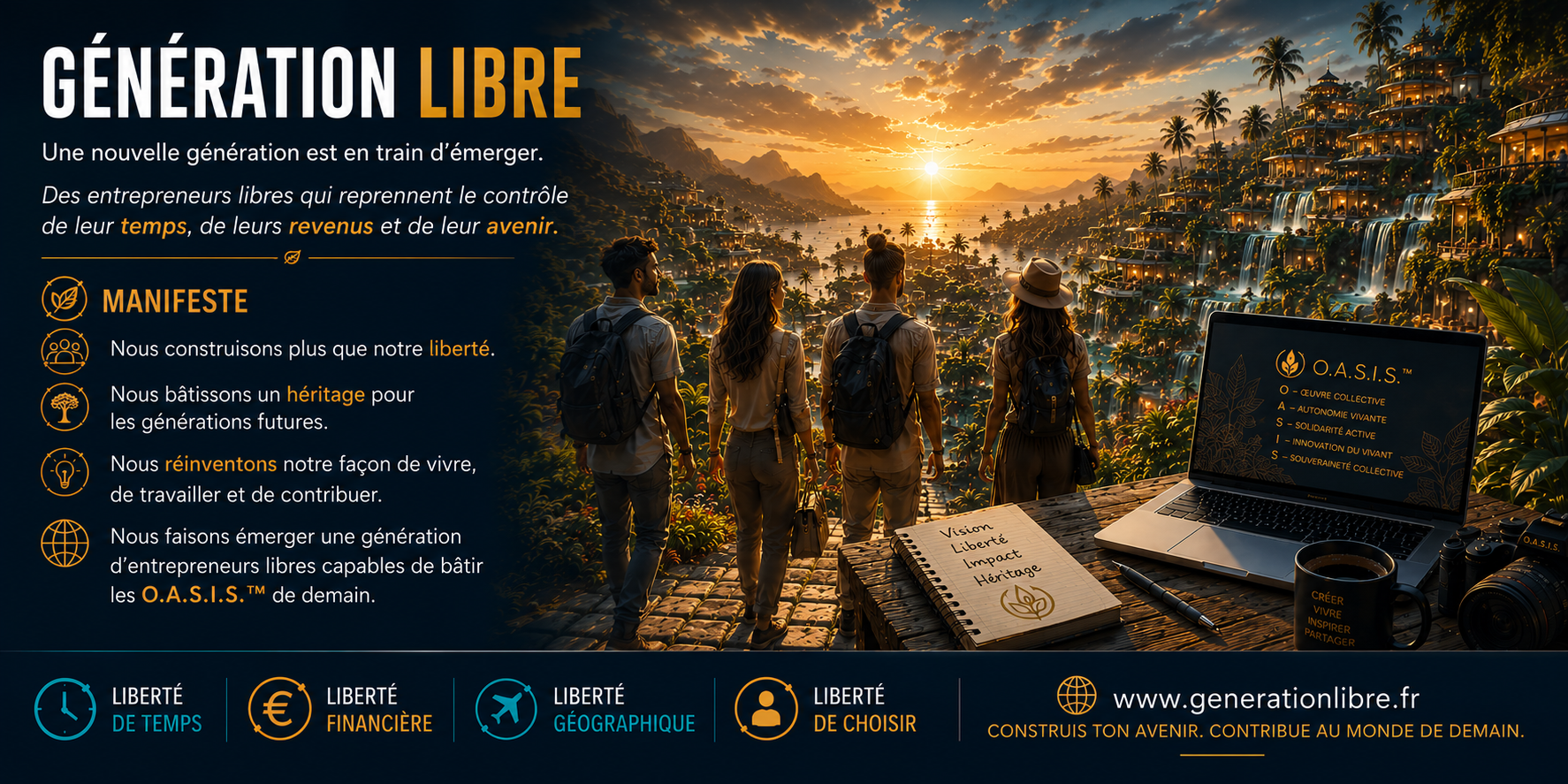 Génération Libre — quatre explorateurs face à un coucher de soleil sur une vallée tropicale